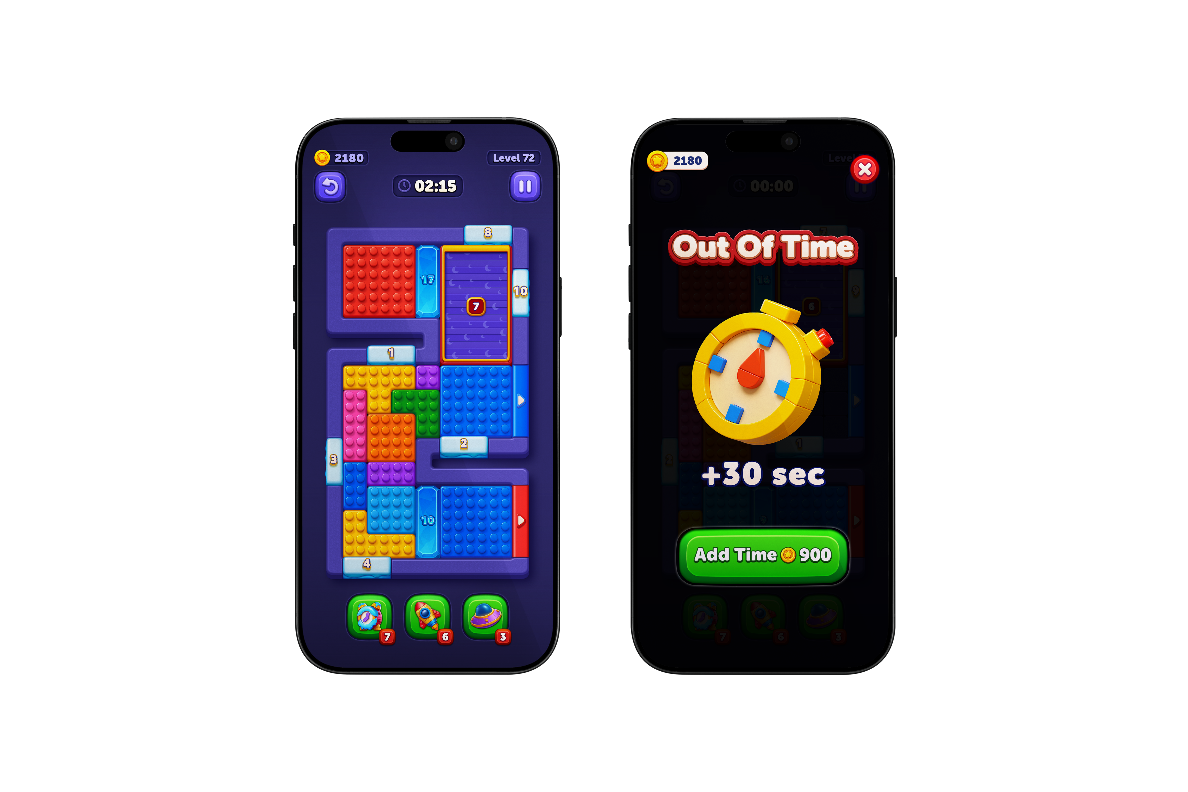 Two smartphones showing a block-matching puzzle game: left screen displays Level 72 gameplay with colorful LEGO-style blocks and 2:15 remain
