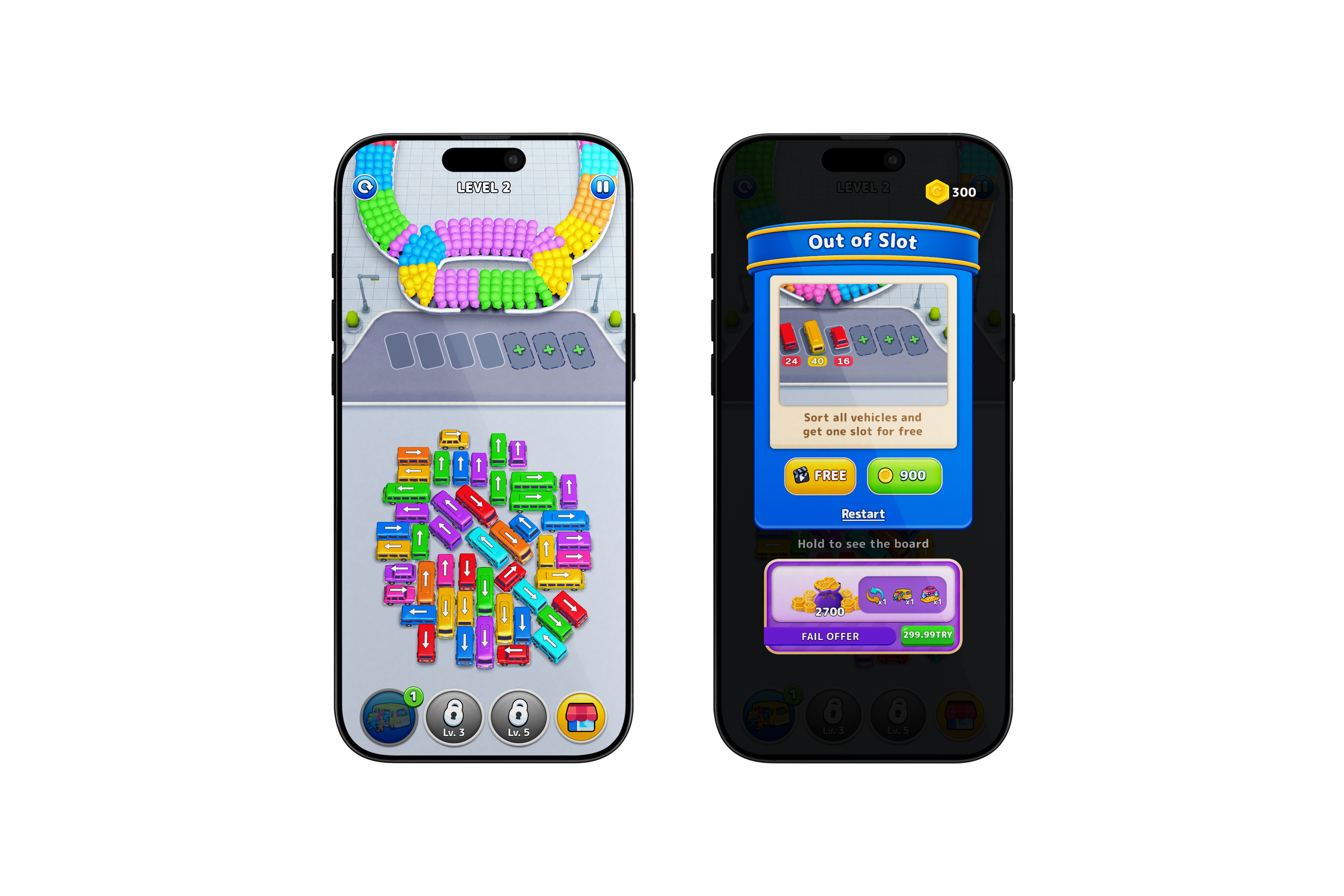 Two smartphones displaying a colorful vehicle sorting puzzle game at Level 2, with one showing gameplay and the other showing an "Out of Slo