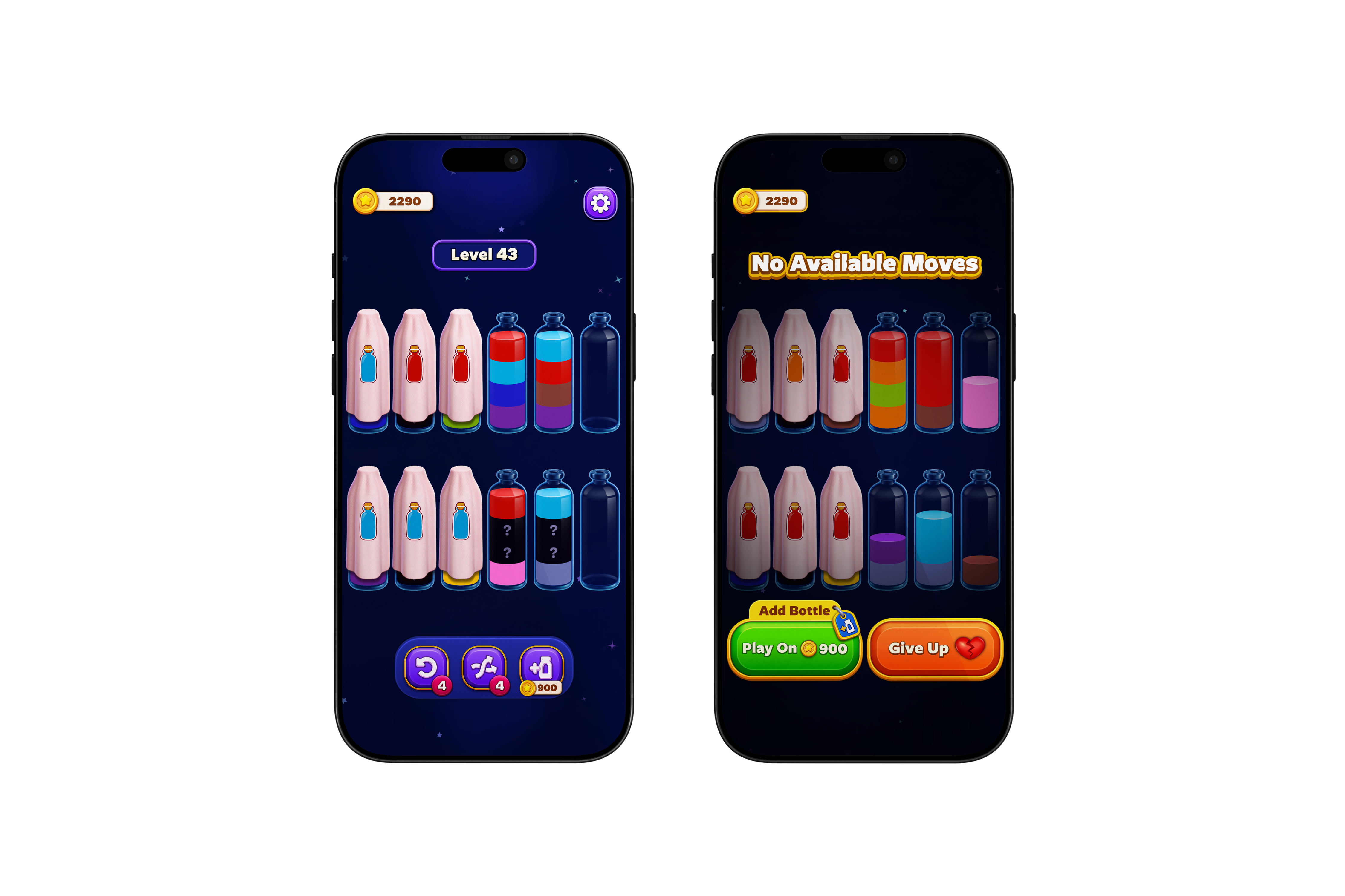 Two mobile game screens showing Level 43 gameplay with colored bottles and liquid-pouring puzzle mechanics, left screen active and right scr