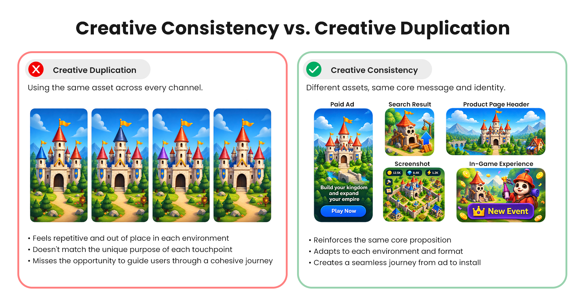 Comparison chart showing creative duplication with identical castle images versus creative consistency with varied castle imagery across pai