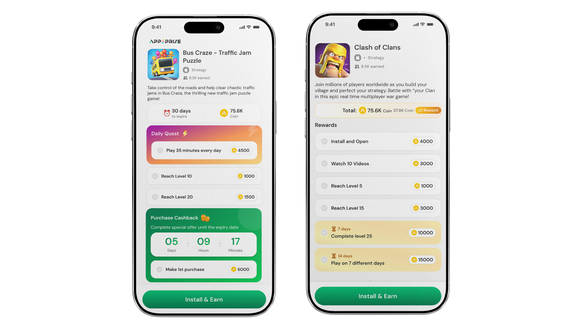 Two iPhone screens showing AppPrize reward offers for Bus Craze puzzle game and Clash of Clans with coin rewards and daily quests