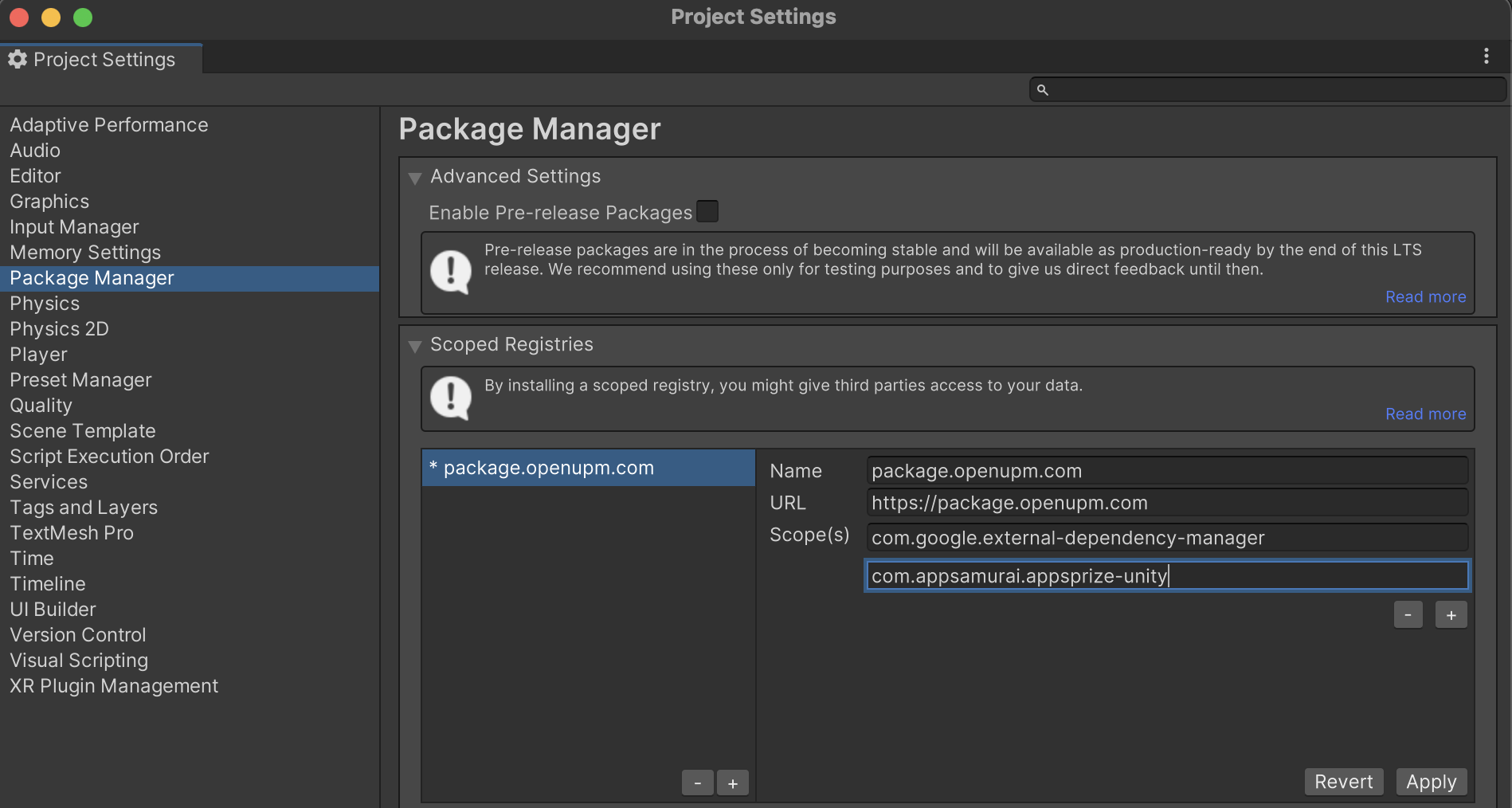 Unity Project Settings showing the Package Manager scoped registries for the External Dependency Manager and the AppsPrize Unity package.