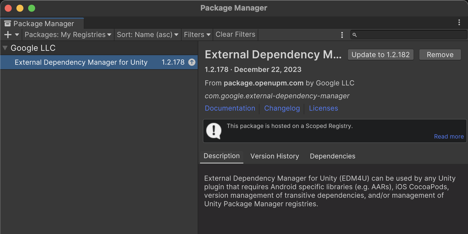 Unity Package Manager listing the External Dependency Manager for Unity and AppsPrize Unity packages ready to install.