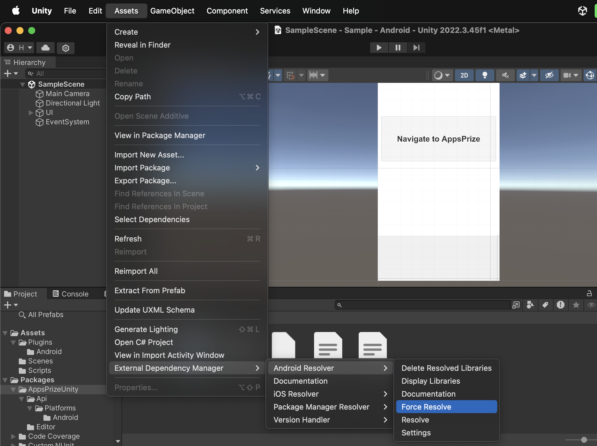 Unity menu showing Assets, External Dependency Manager, Android Resolver, Resolve to complete the Android dependency resolution.