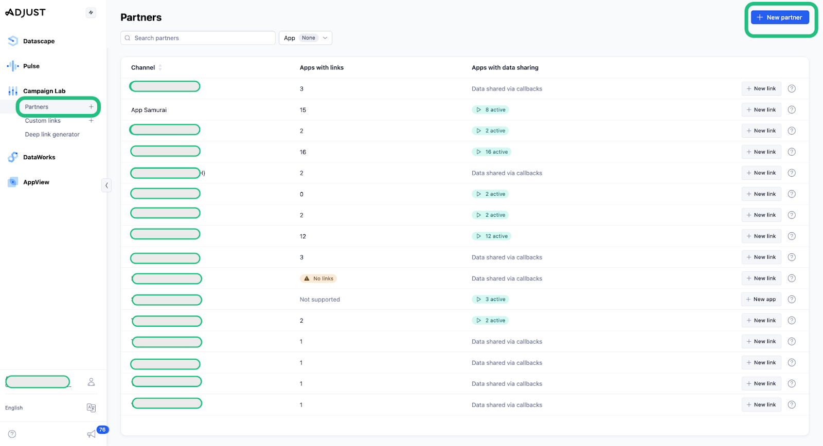 Selecting New Partner in the Adjust dashboard