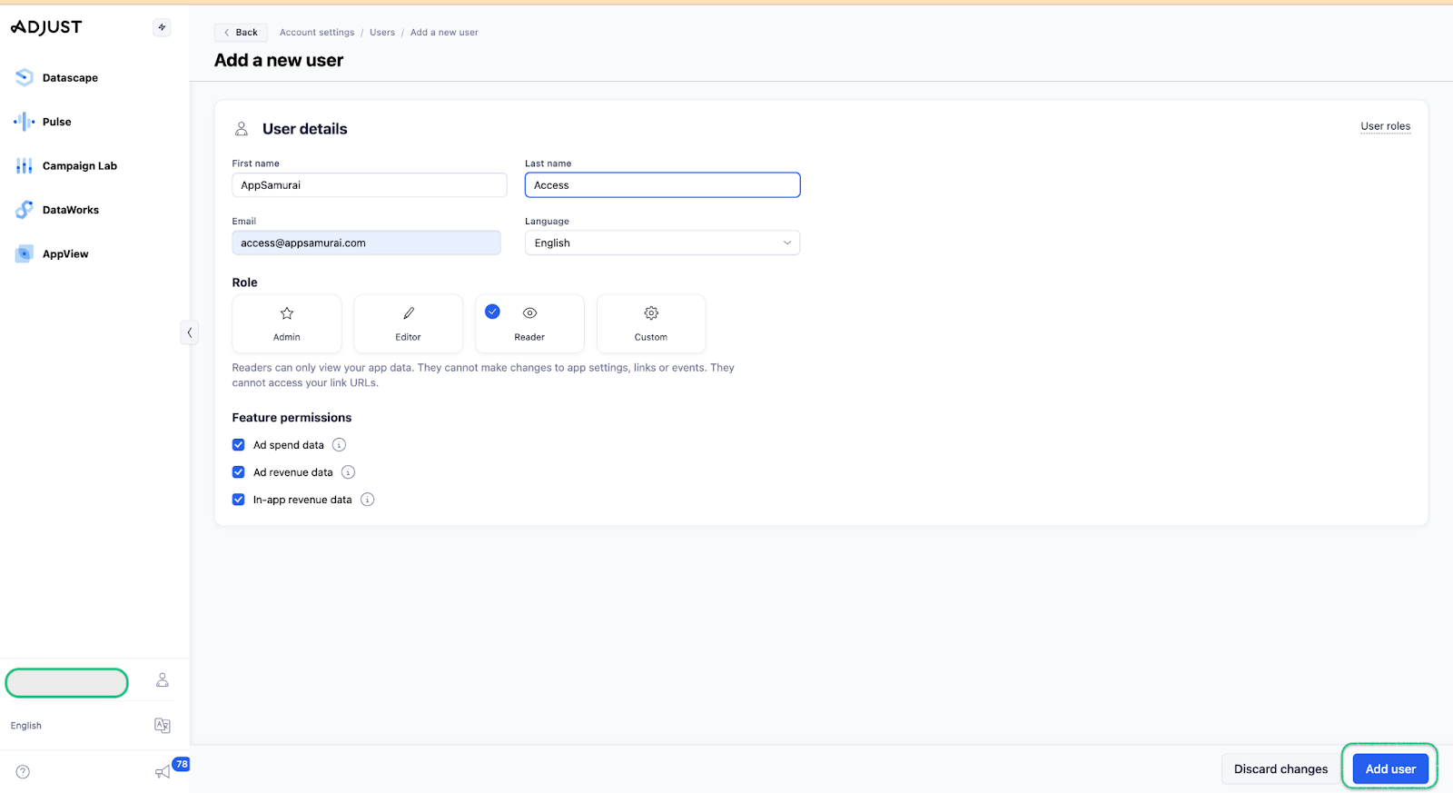 Granting access to access@appsamurai.com in Adjust