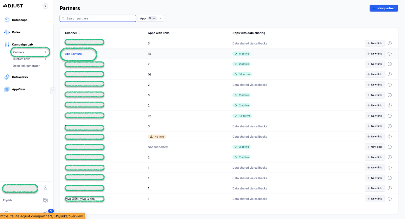 Selecting AppSamurai from the Adjust Partner page