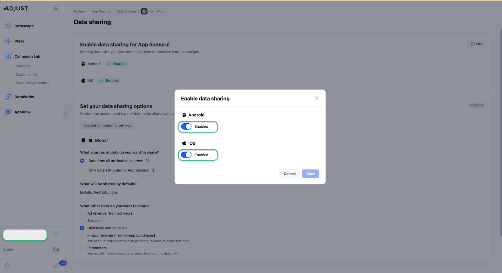 Enabling data sharing for iOS in Adjust