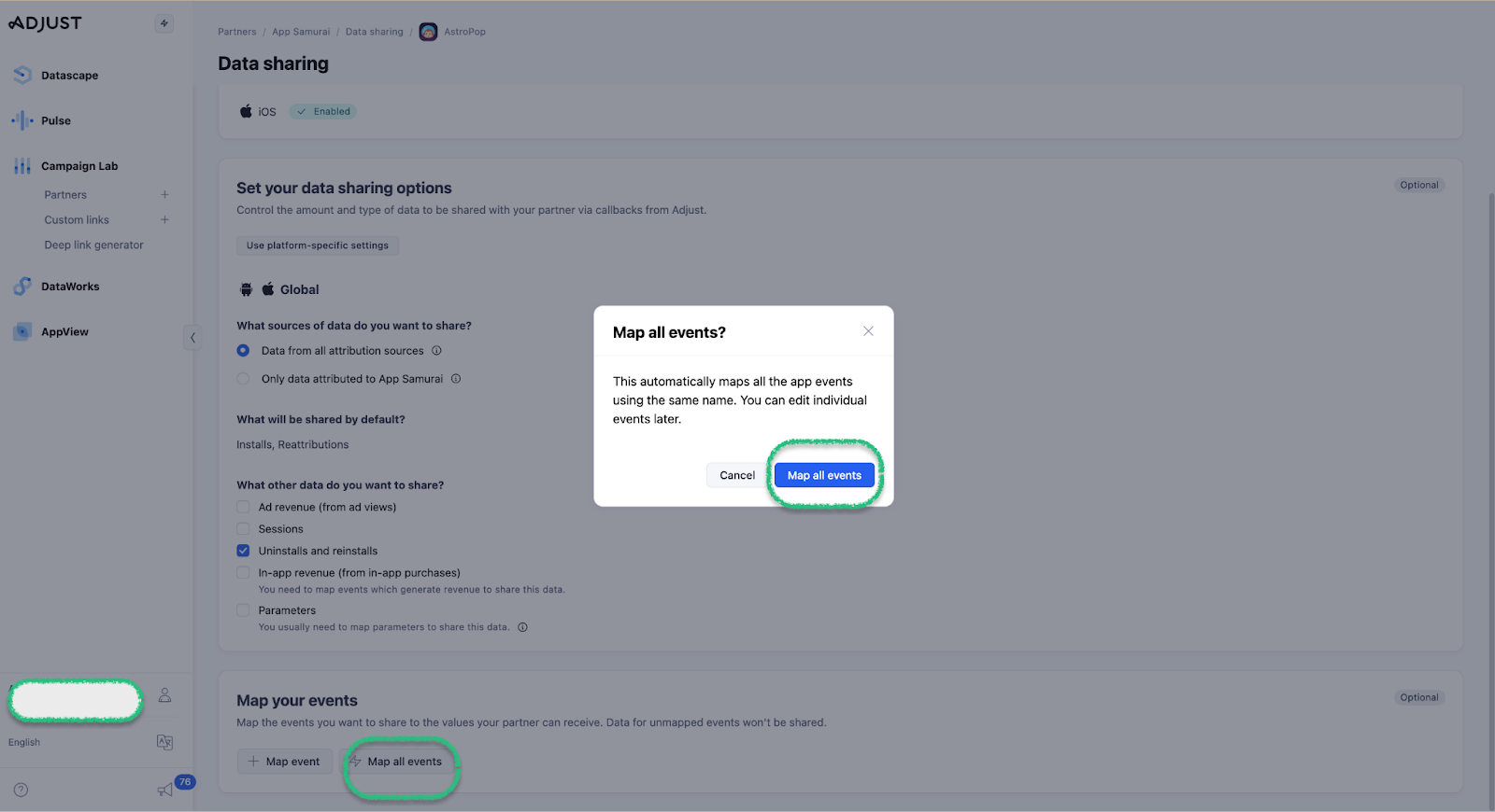 Mapping app events to matching partner event names in Adjust