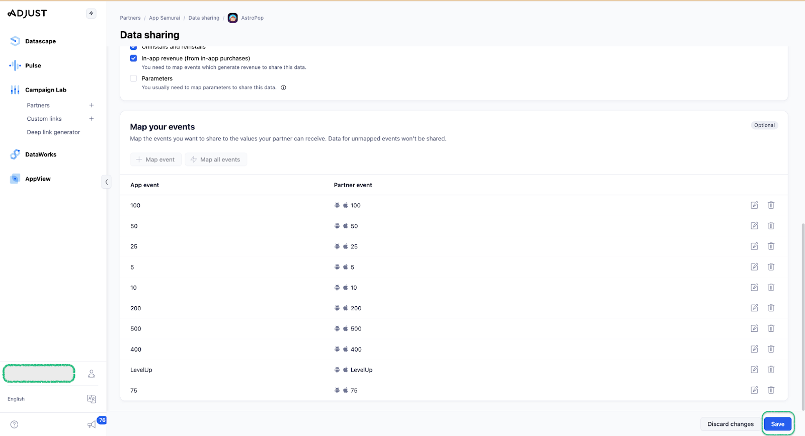 Saving the event mapping changes in Adjust