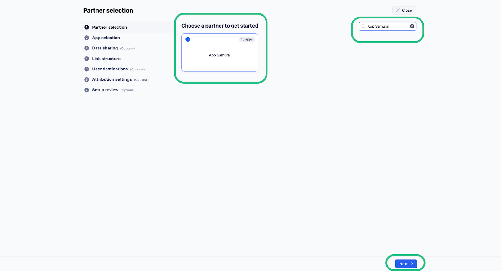 Choosing AppSamurai from the Adjust partner list