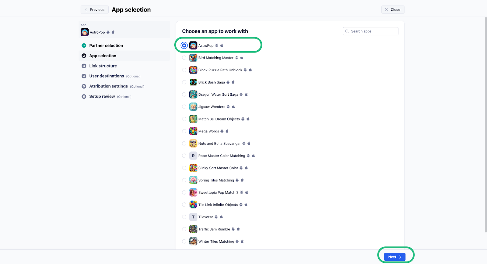 Selecting the app you want to integrate in Adjust