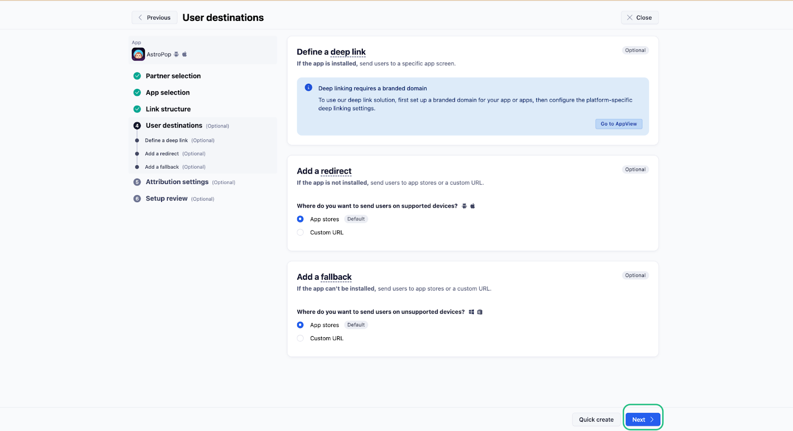 Selecting Next in the Link Structure section