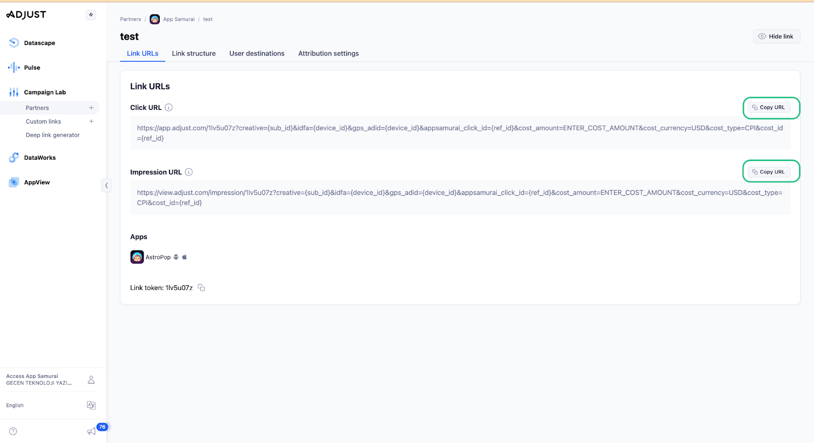 The generated Adjust link ready to share with AppSamurai
