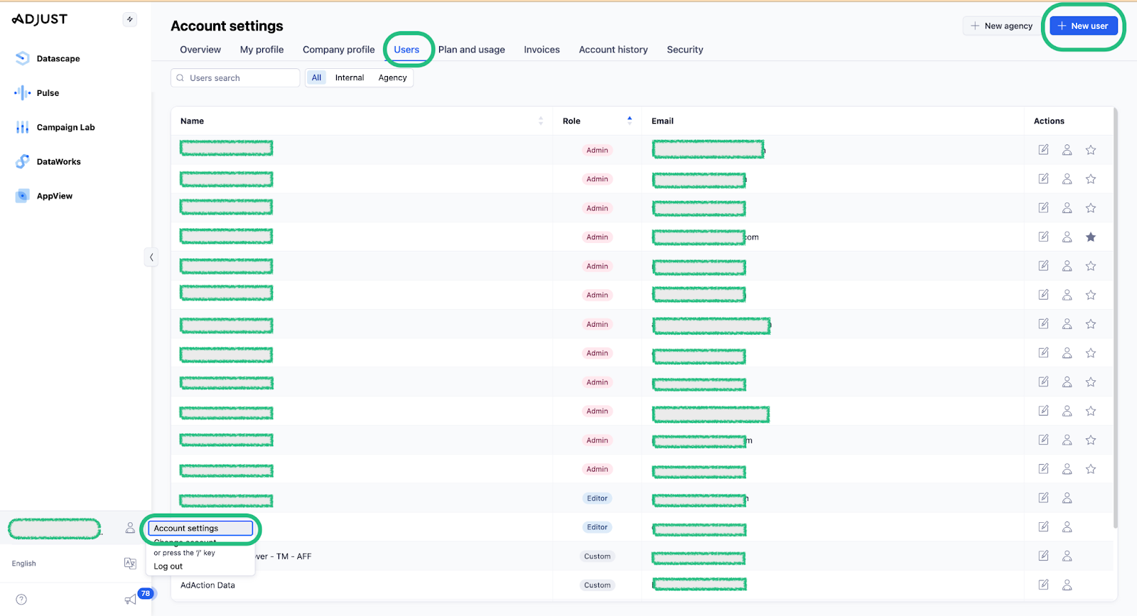 Opening Account Settings then Users in Adjust to grant access