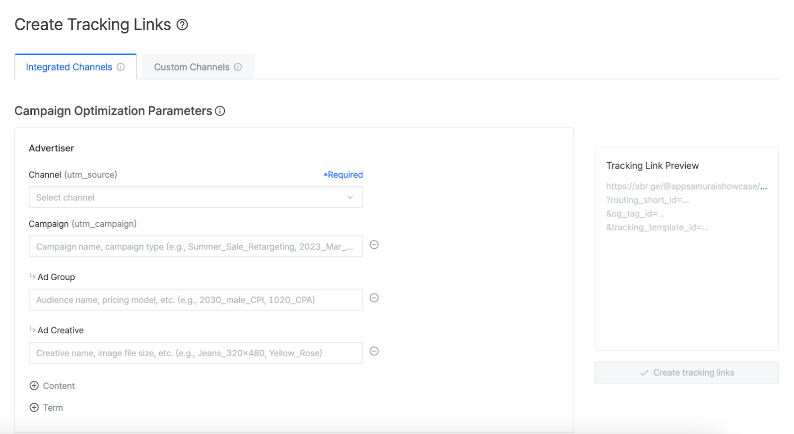 The Create Tracking Link page with parameter fields