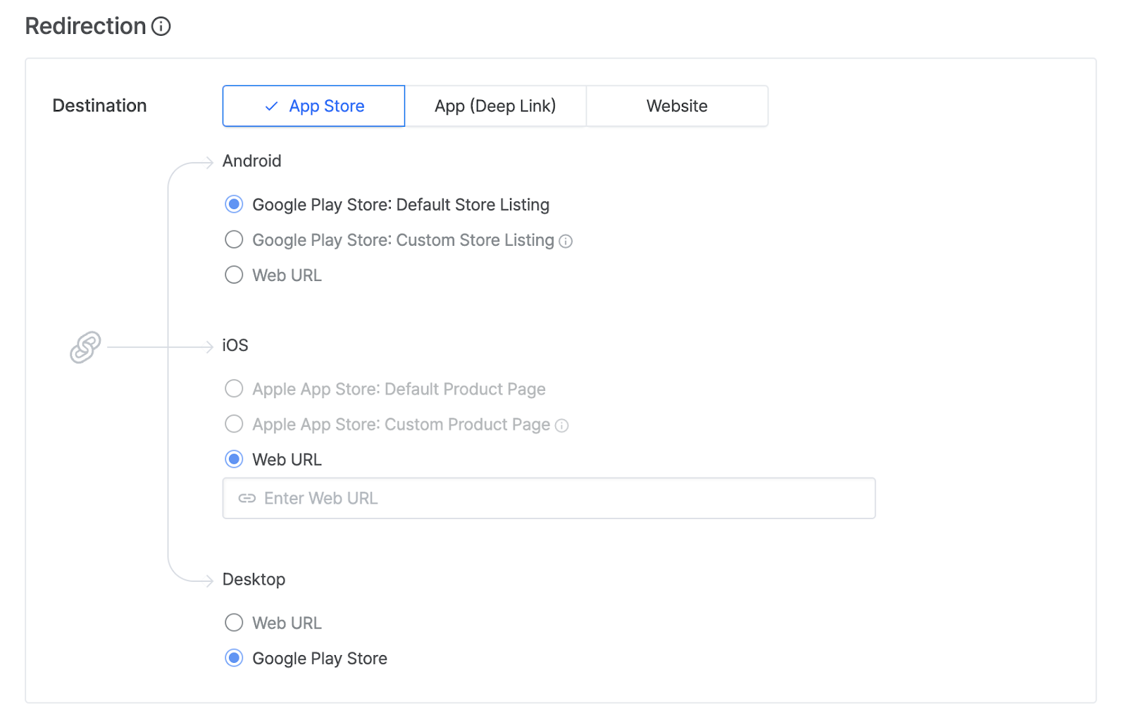 Configuring the store redirect and adding both Android and iOS paths