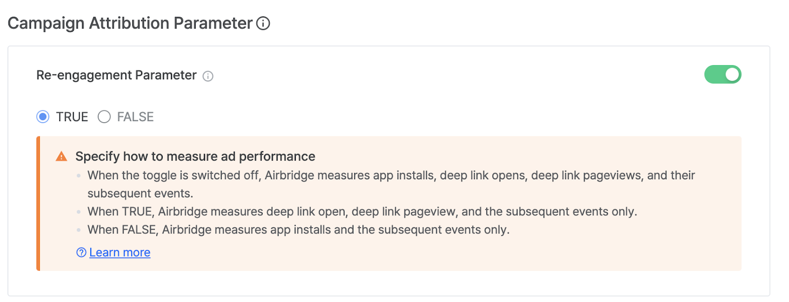 Tracking link with the deep link toggle set to ON