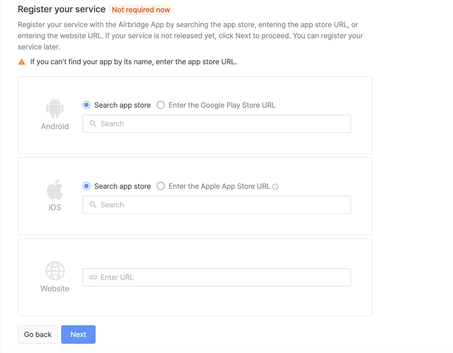 Searching for the app by name or by entering a store URL