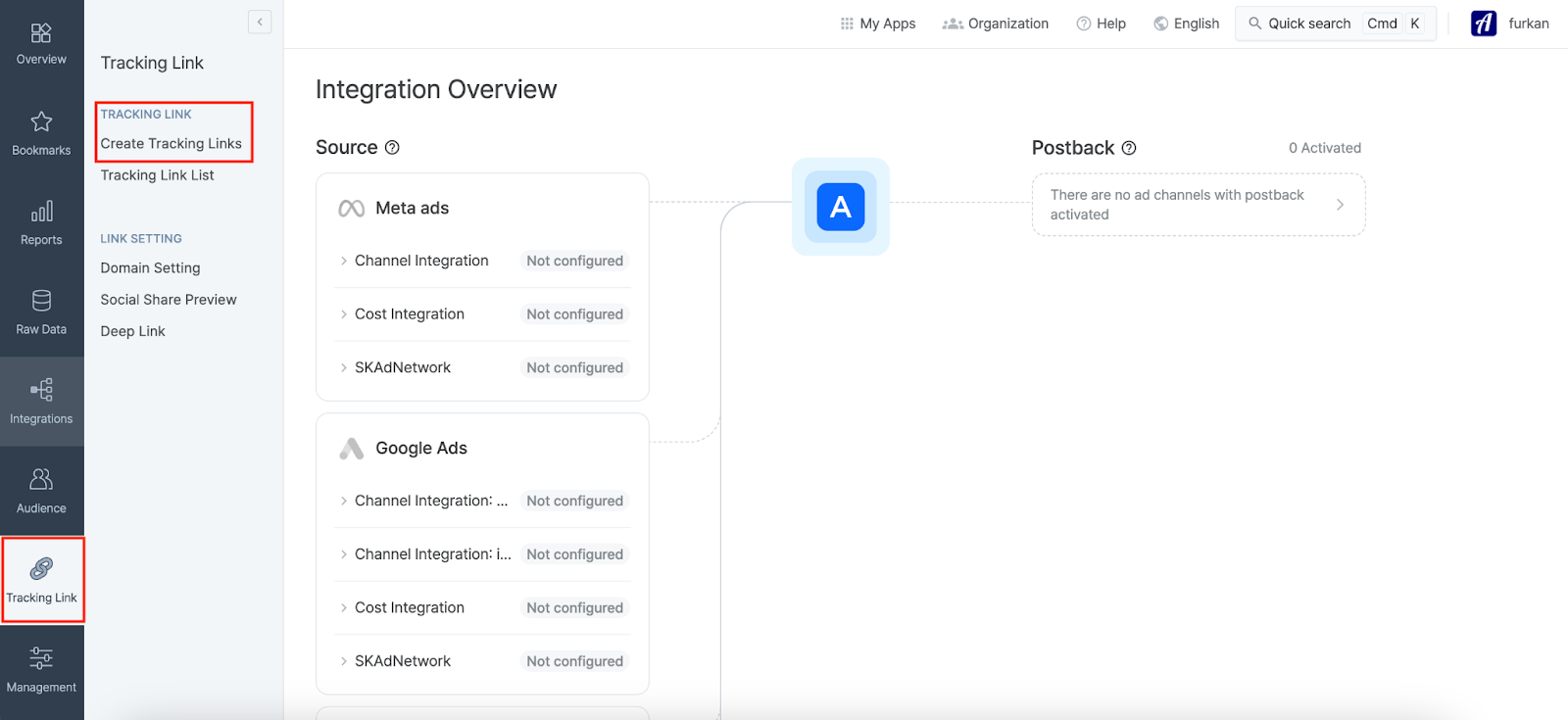 Selecting Tracking Link then Create Tracking Link from the left menu