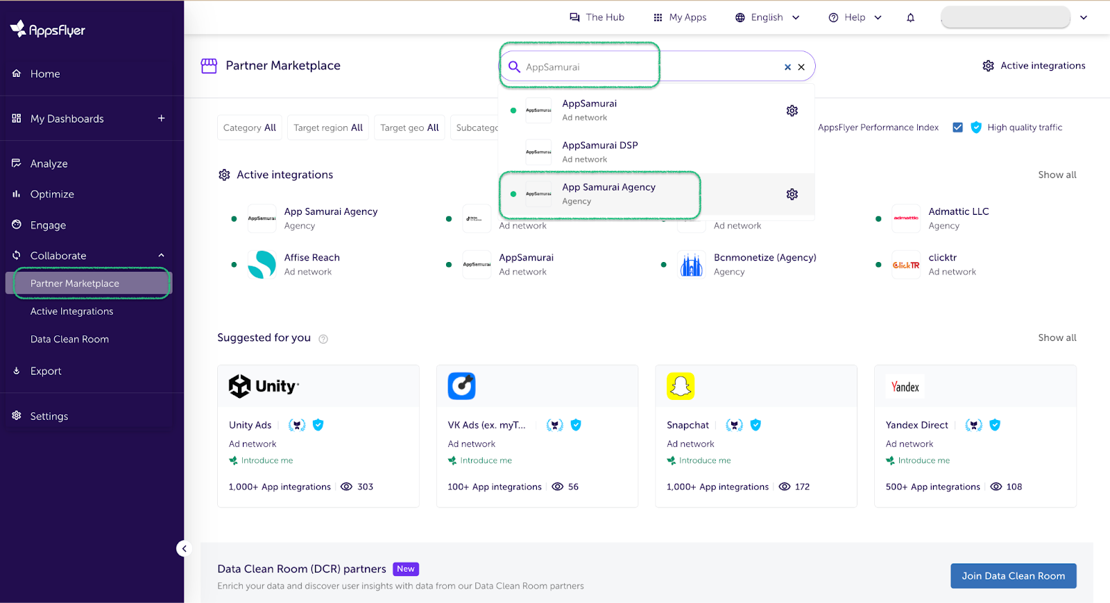 The AppsFlyer Partner Marketplace with App Samurai Agency shown in the search results