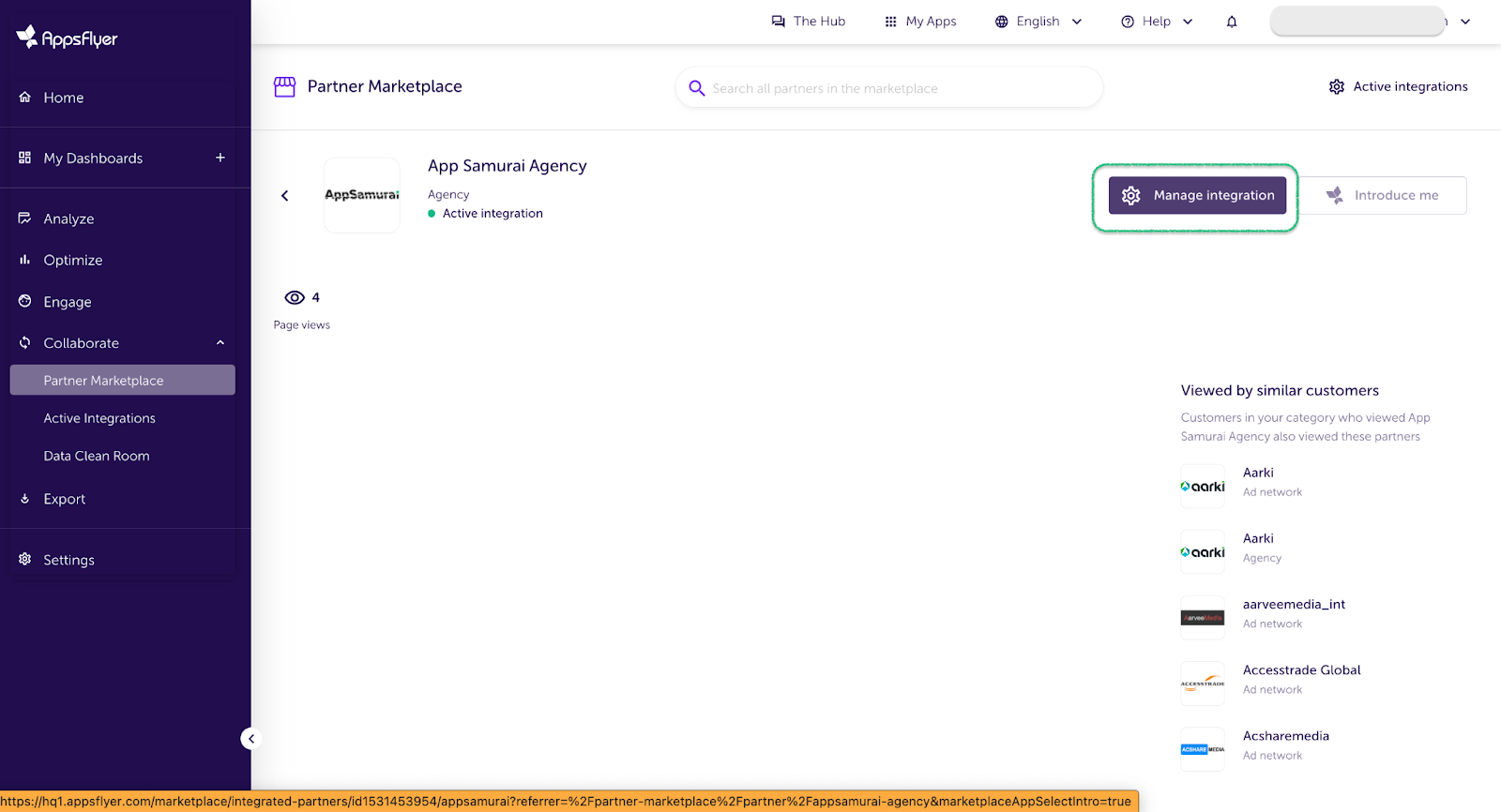 The App Samurai Agency card with the Manage Integrations button highlighted