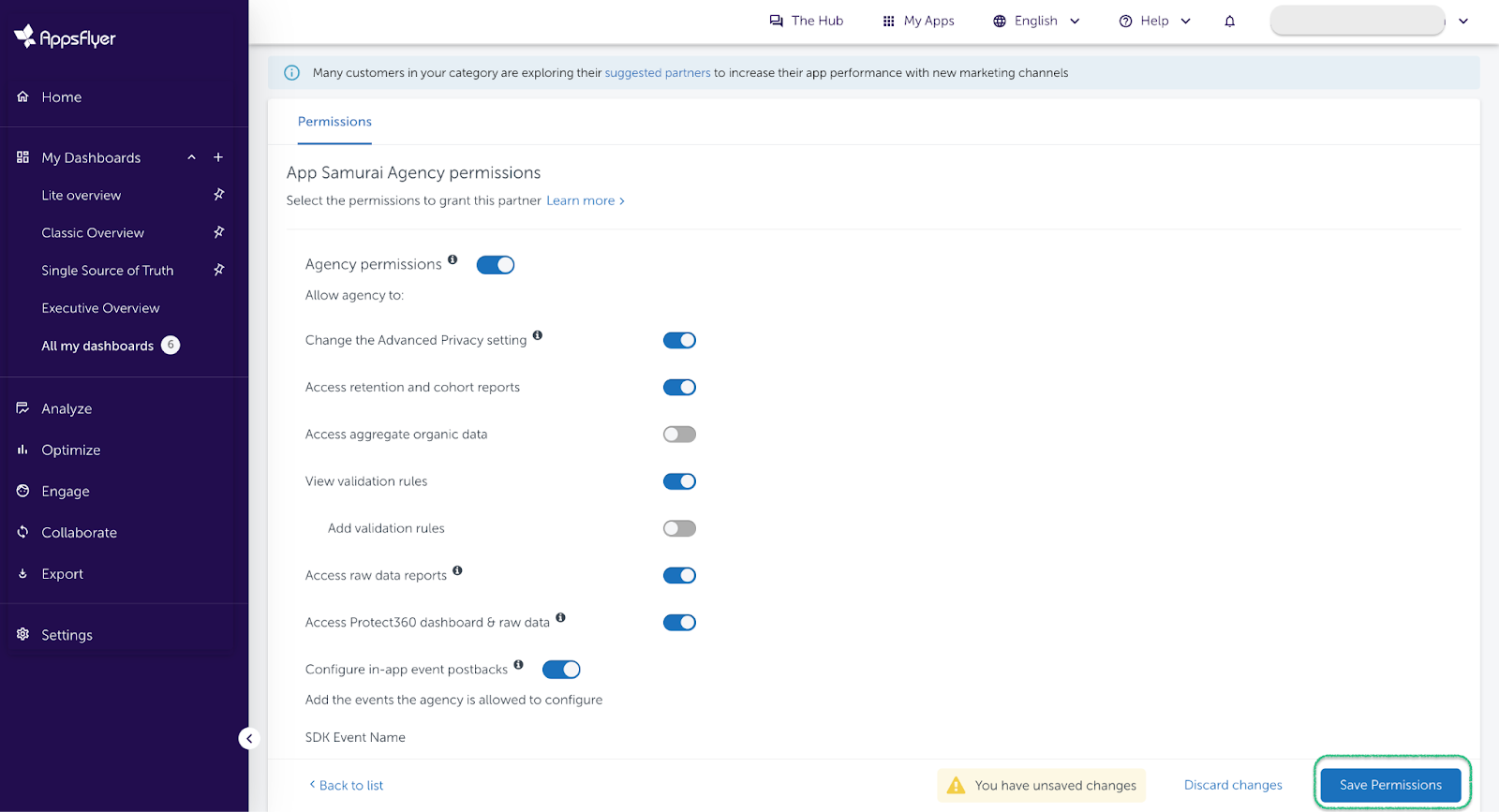The integration settings with the necessary attribution toggles enabled