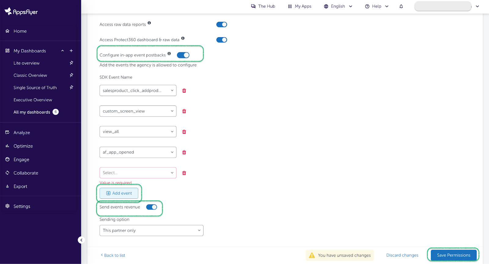 Sharing in-app events with Add Event and the Send events revenue option turned on