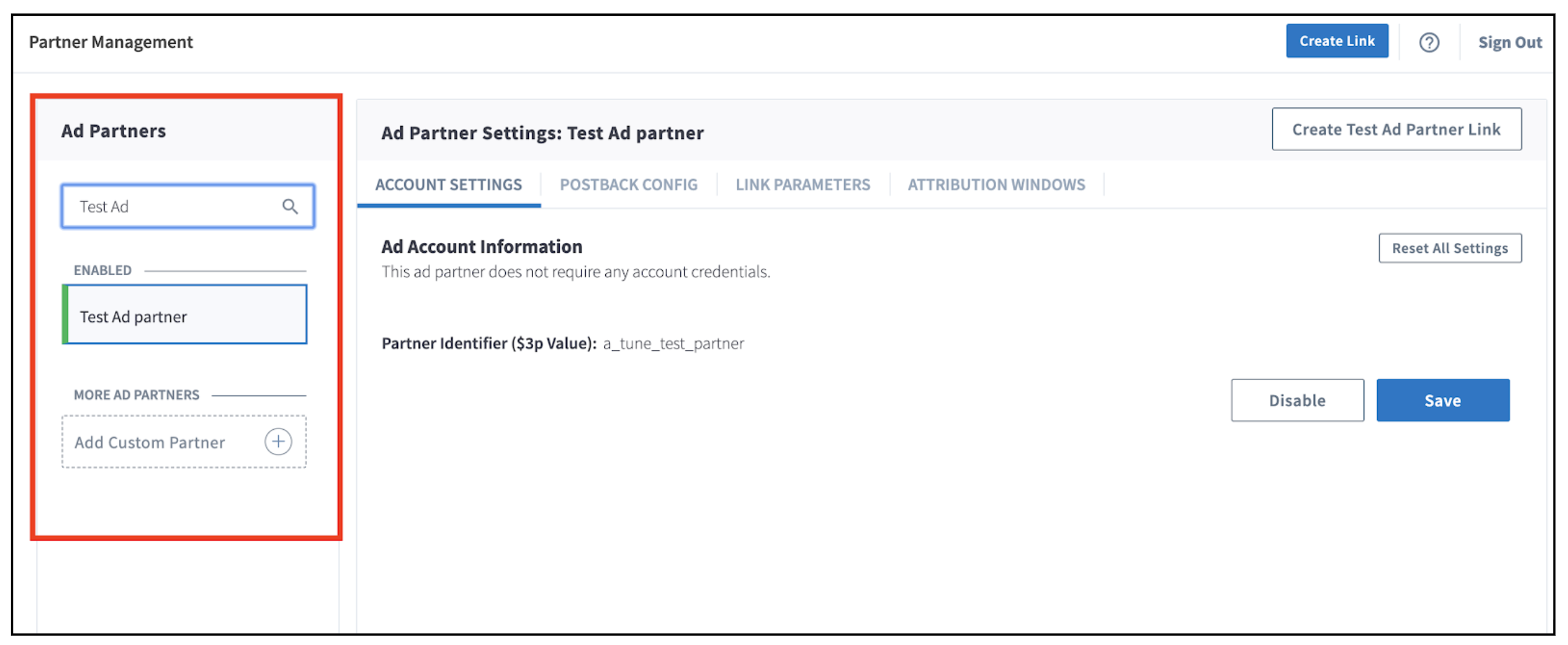 The Branch Partner Management screen with the Ad Partners sidebar and ad partner settings