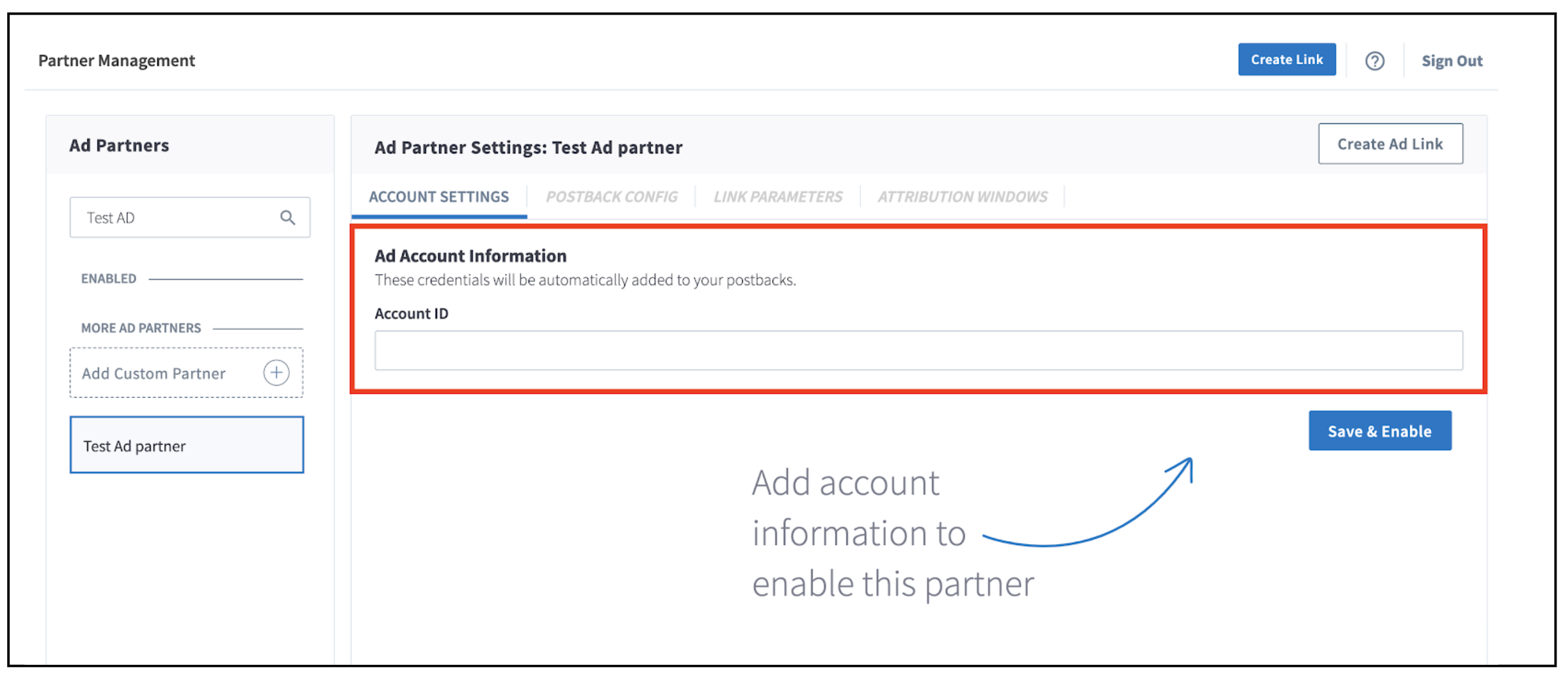Entering the Account ID under Ad Account Information and clicking Save and Enable in Branch