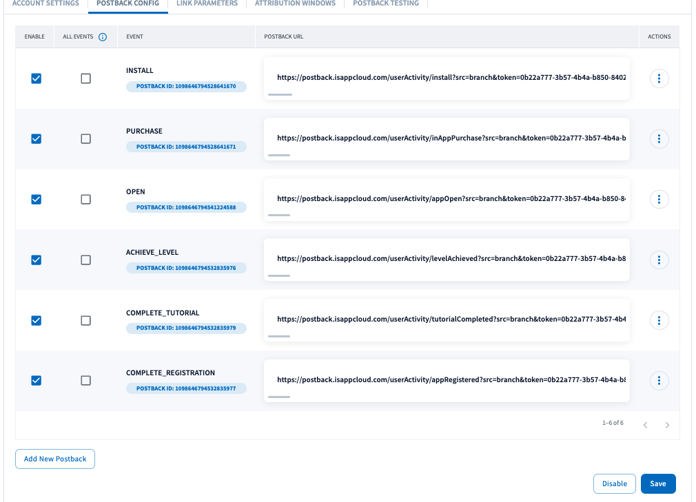 The Branch Postback Config tab listing INSTALL, PURCHASE, OPEN and other events with their postbacks enabled