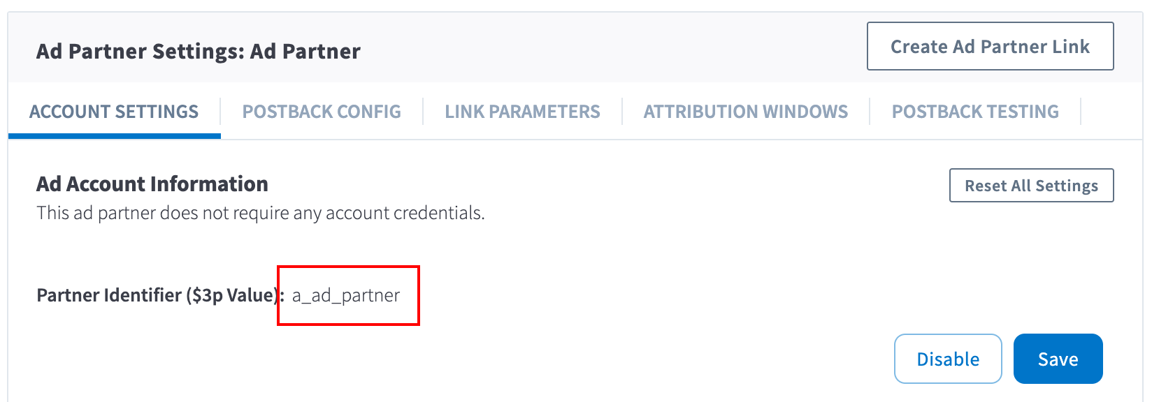 The Account Settings tab showing the Partner Identifier or 3p Value for the ad partner
