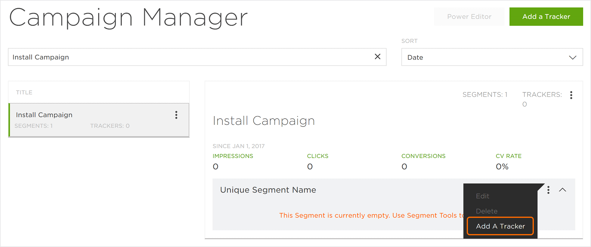 Kochava Campaign Manager with the Add a Tracker option