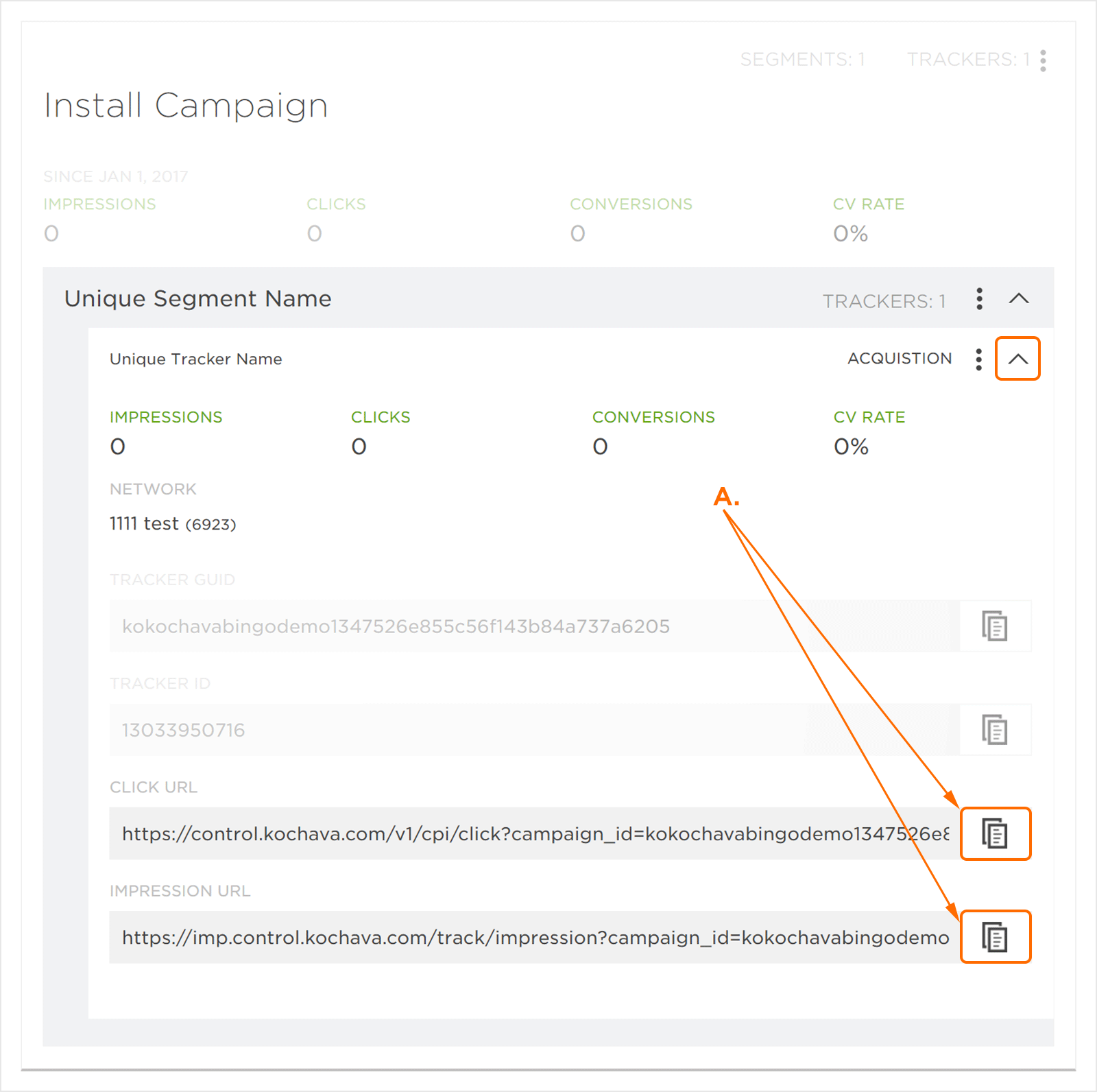 Click and Impression URLs displayed in the Kochava tracker