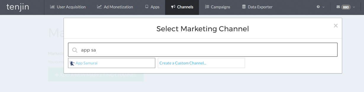 Selecting AppSamurai from the available marketing channels in the Tenjin dashboard