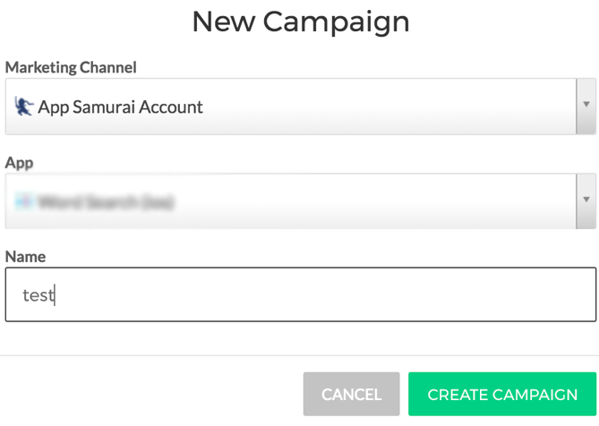 Configuring the campaign settings with the AppSamurai marketing channel, app, and campaign name