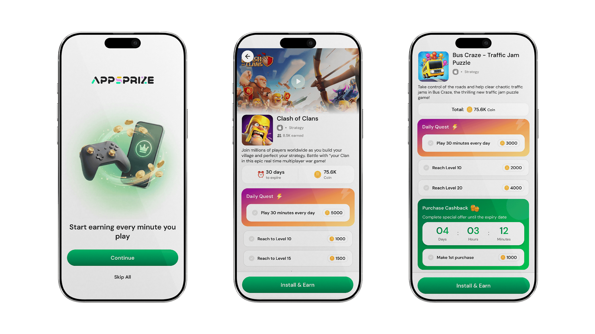 The offerwall flow in action: a player opts in, browses partner-game offers with daily quests, and earns premium currency on completion