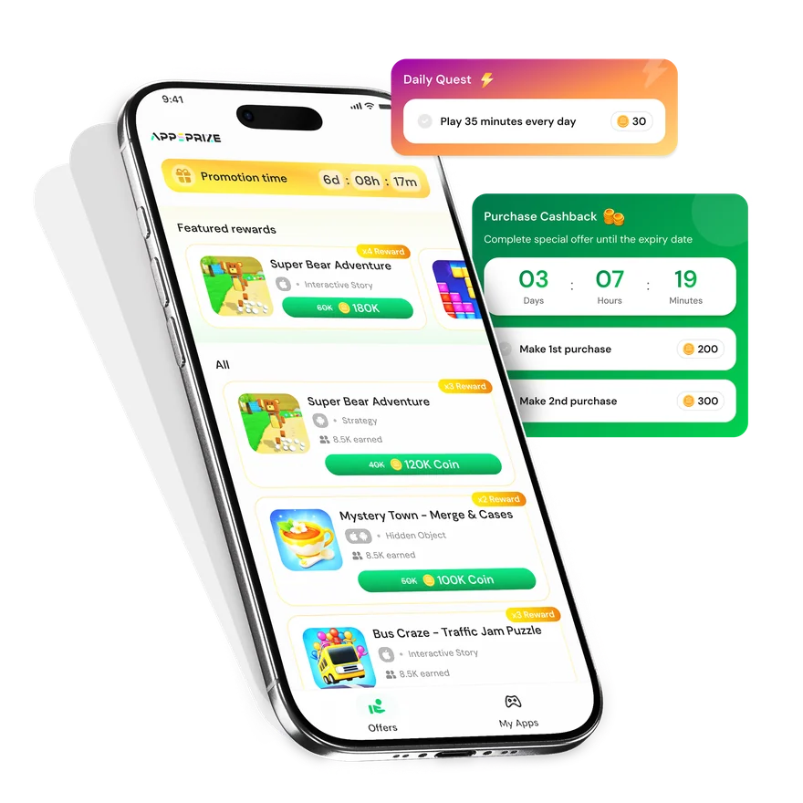 The AppsPrize rewarded playtime offerwall showing daily quests and cashback rewards